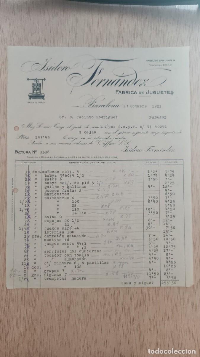 Facturas antiguas: ANTIGUA FACTURA ISIDORO FERNANDEZ FABRICA DE JUGUETES BARCELONA 1921