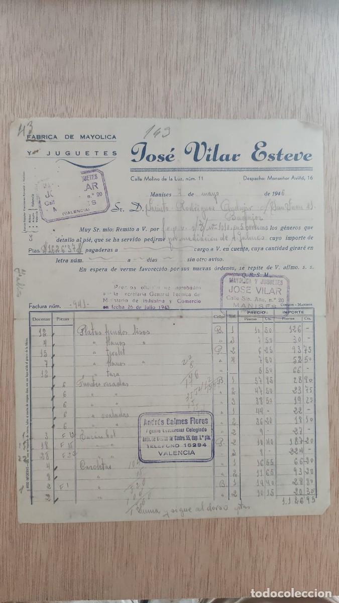 Facturas antiguas: ANTIGUA FACTURA FABRICA DE MAYOLICA Y JUGUETES JOSE VILAR ESTEVE MANISES 1946