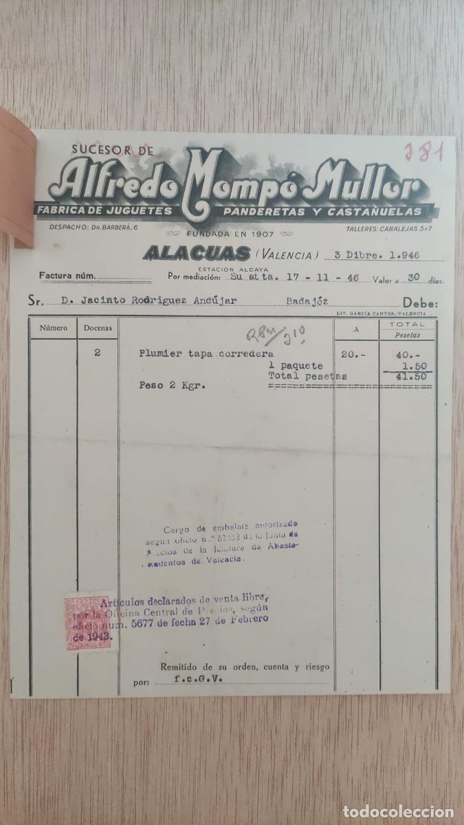 Facturas antiguas: ANTIGUA FACTURA FABRICA DE JUGUETES PANDERETAS Y CASTA&Ntilde;UELAS ALFREDO MOMPO MULLOR ALACUAS VALENCIA