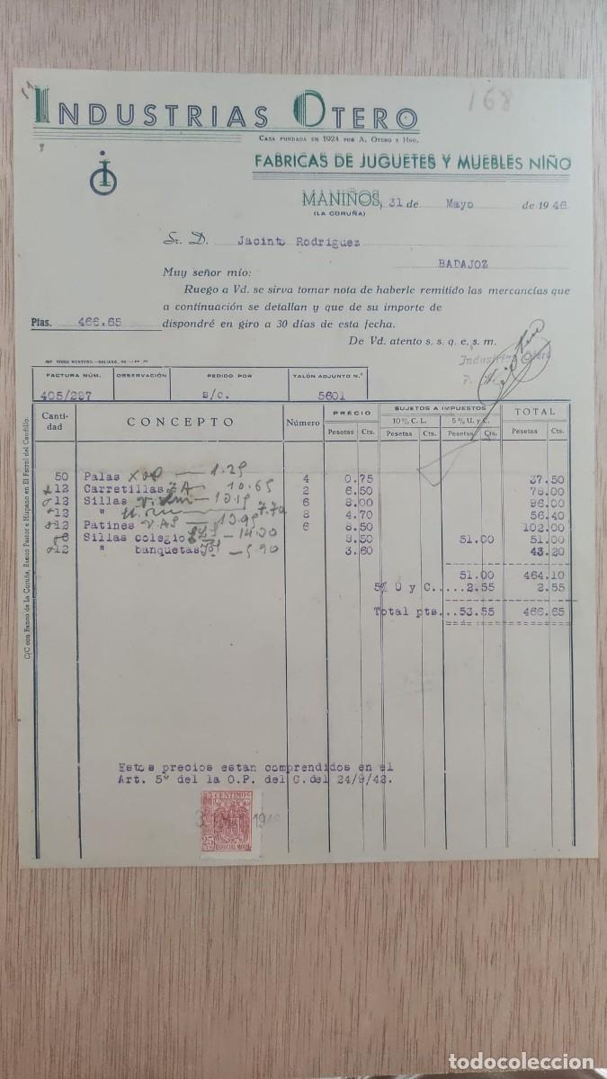 Facturas antiguas: ANTIGUA FACTURA DE JUGUETES Y MUEBLES NI&Ntilde;&Ntilde;O INDUSTRIAS OTERO MANINOS LA CORU&Ntilde;A 1946