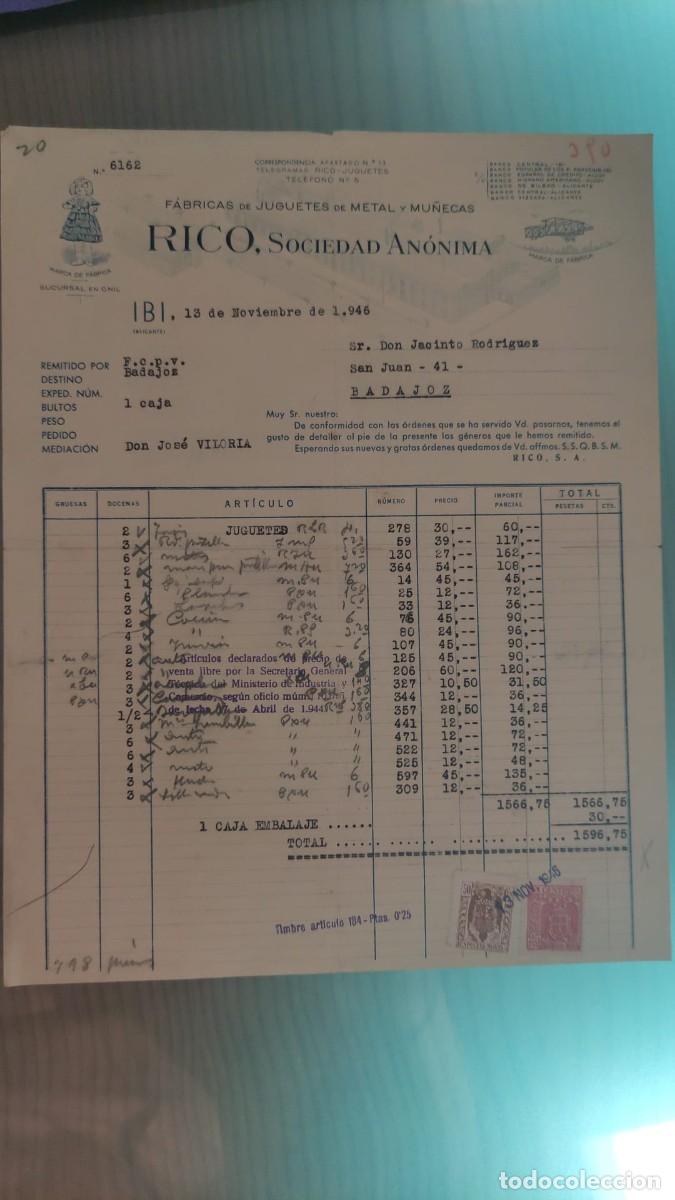 Facturas antiguas: ANTIGUA FACTURA FABRICAS DE JUGUETES DE METAL Y MU&Ntilde;ECAS RICO SOCIEDAD ANONIMA IBI 1946