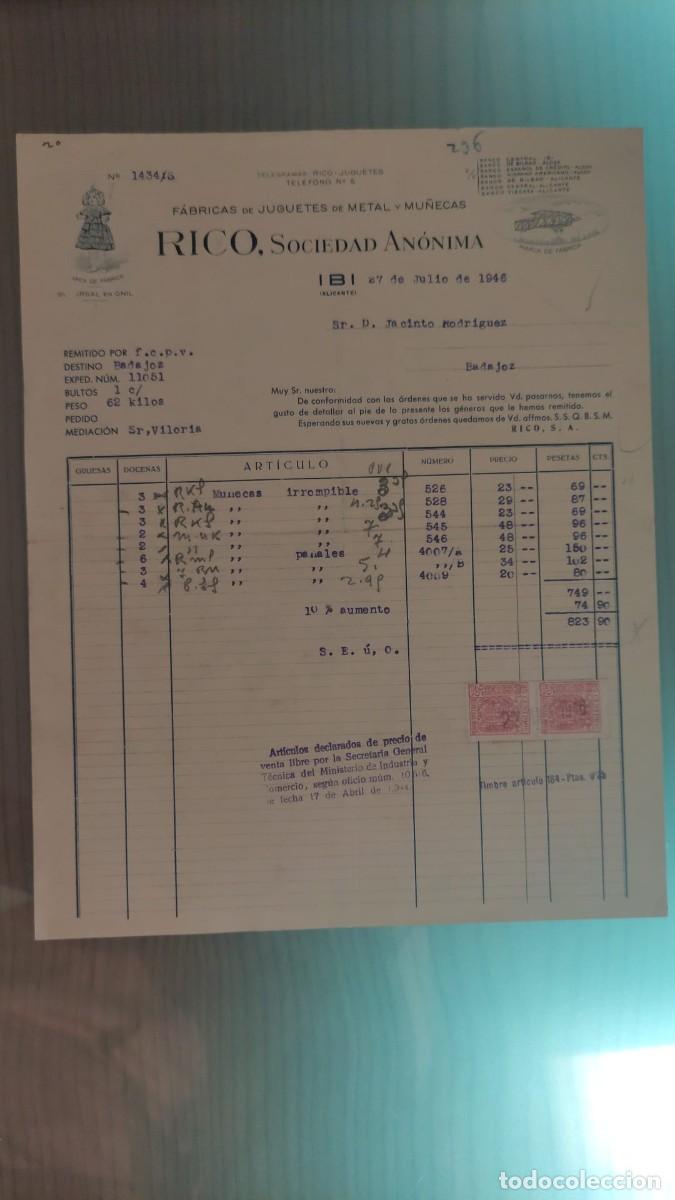 Facturas antiguas: ANTIGUA FACTURA FABRICAS DE JUGUETES DE METAL Y MU&Ntilde;ECAS RICO SOCIEDAD ANONIMA IBI 1946