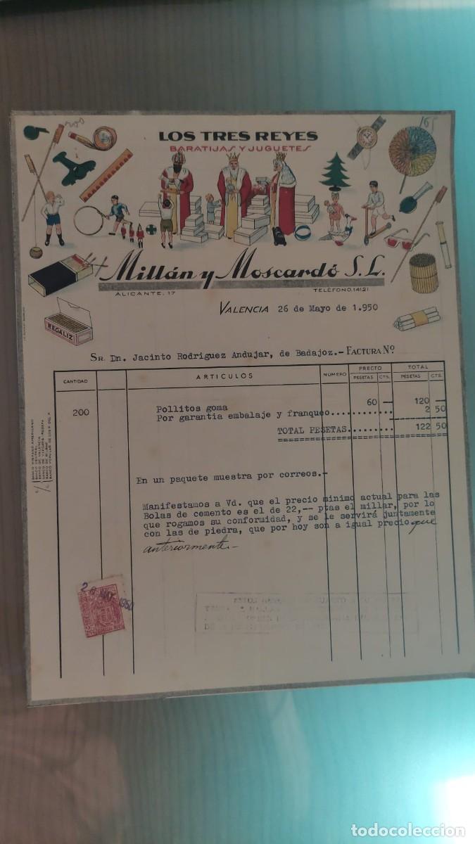 Facturas antiguas: ANTIGUA FACTURA LOS TRES REYES BARATIJAS Y JUGUETES MILLAN Y MOSCARDO SL VALENCIA 1950