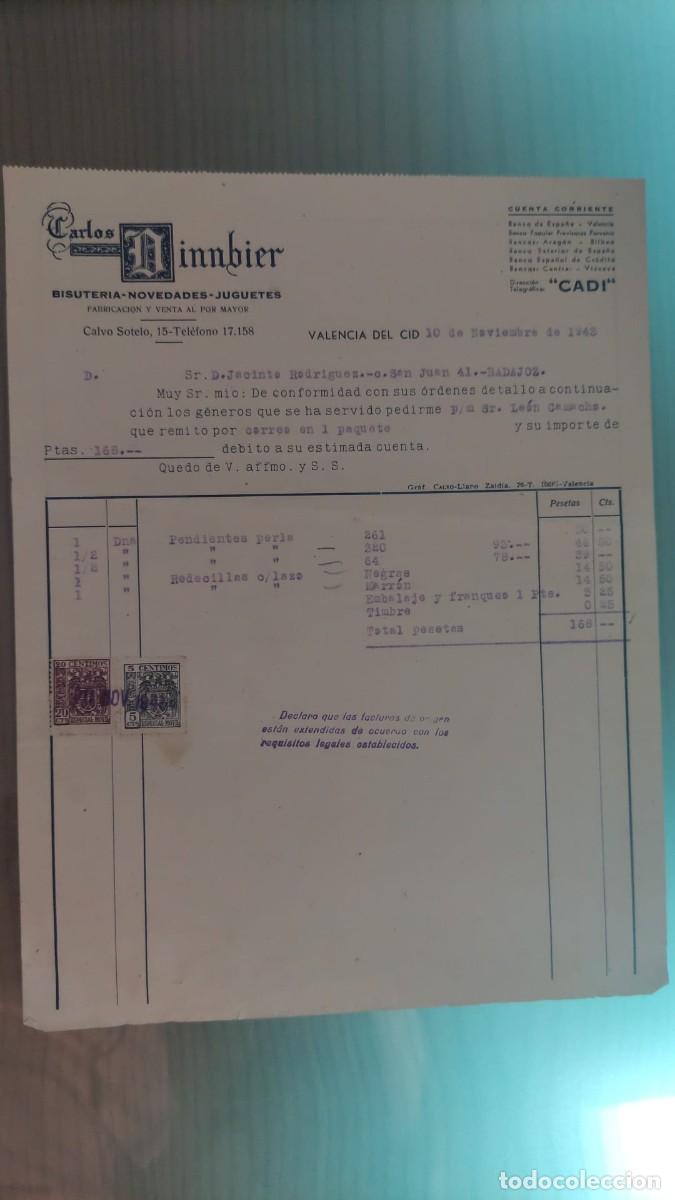 Facturas antiguas: ANTIGUA FACTURA CARLOS DINNBIER BISUTERIA JUEGUETES NOVEDADES VALENCIA 1943