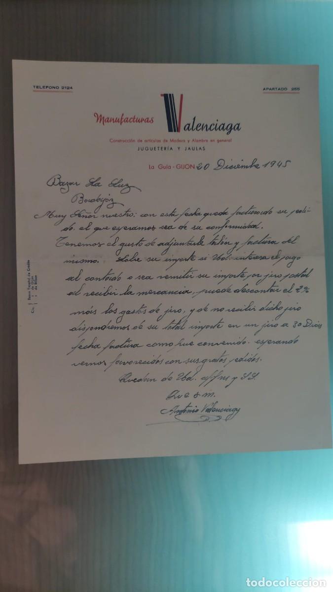 Facturas antiguas: ANTIGUA CARTA COMERCIAL MANUFACTURAS VALENCIAGA JUGUETERIA Y JAULAS GIJON 1945