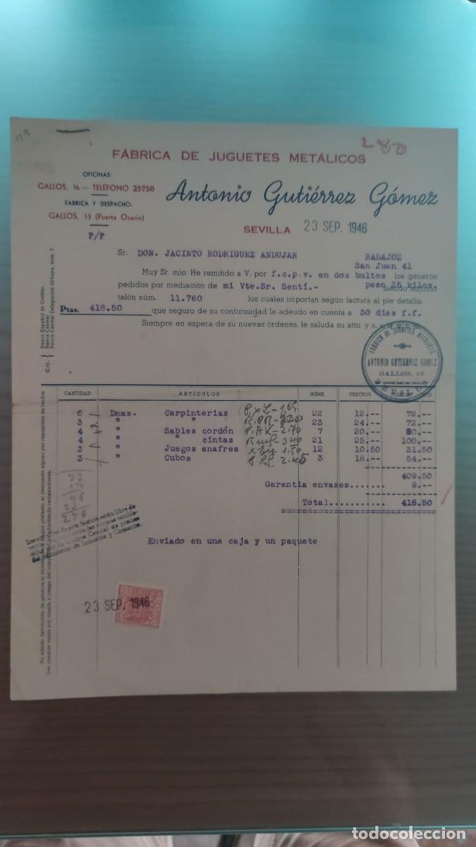 Facturas antiguas: ANTIGUA FACTURA FABRICA DE JUGUETES METALICOS ANTONIO GUTIERREZ GOMEZ SEVILLA 1946