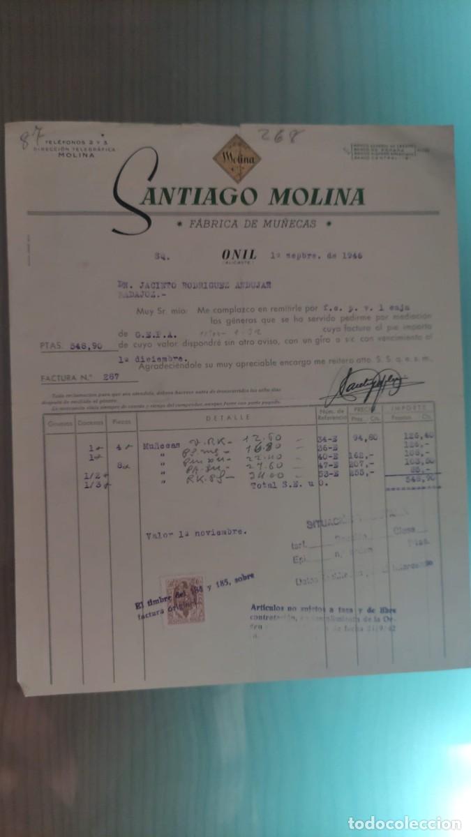 Facturas antiguas: ANTIGUA FACTURA FABRICA DE MU&Ntilde;ECAS SANTIAGO MOLINA ONIL ALICANTE 1946