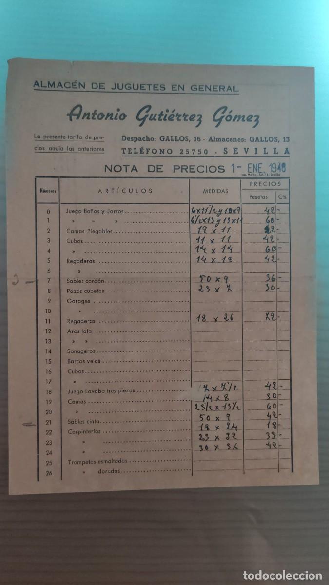 Facturas antiguas: ANTIGUA FACTURA ALMACEN DE JUGUETES EN GENERAL ANTONIO GUTIERREZ GOMEZ SEVILLA 1946