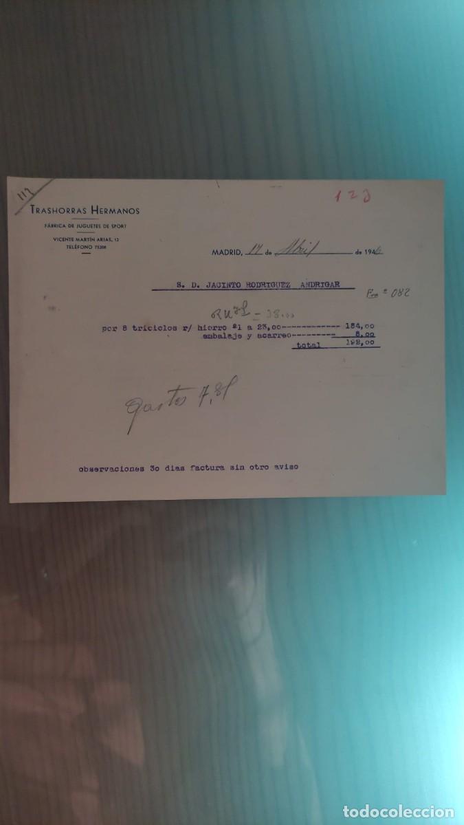 Facturas antiguas: ANTIGUA FACTURA FABRICA DE JUGUETES DE SPORT TRASHORRAS HERMANOS MADRID 1940