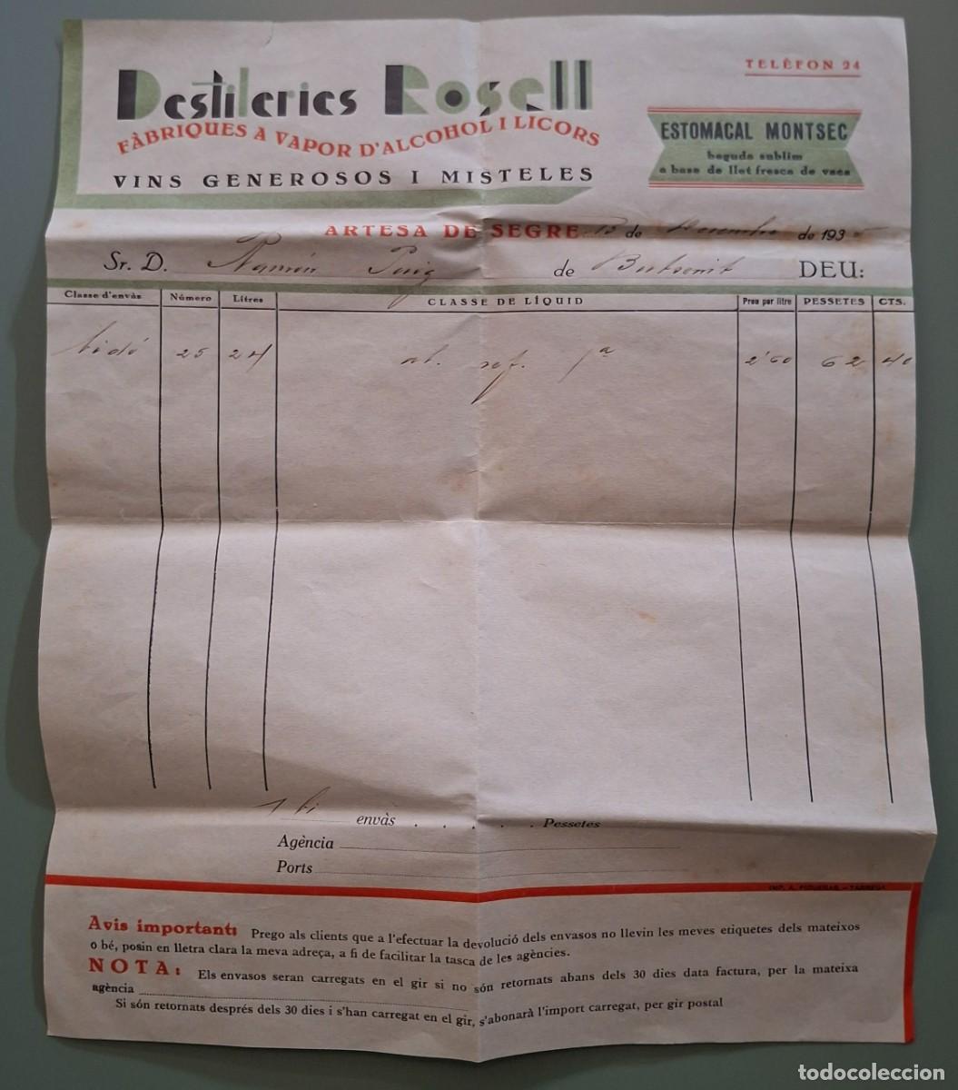 Facturas antiguas: FACTURA CON SOBRE, A&Ntilde;O 1935 - ARTESA DE SEGRE, LLEIDA - DESTILERIES ROSELL, FABRICA A VAPOR ..A3578
