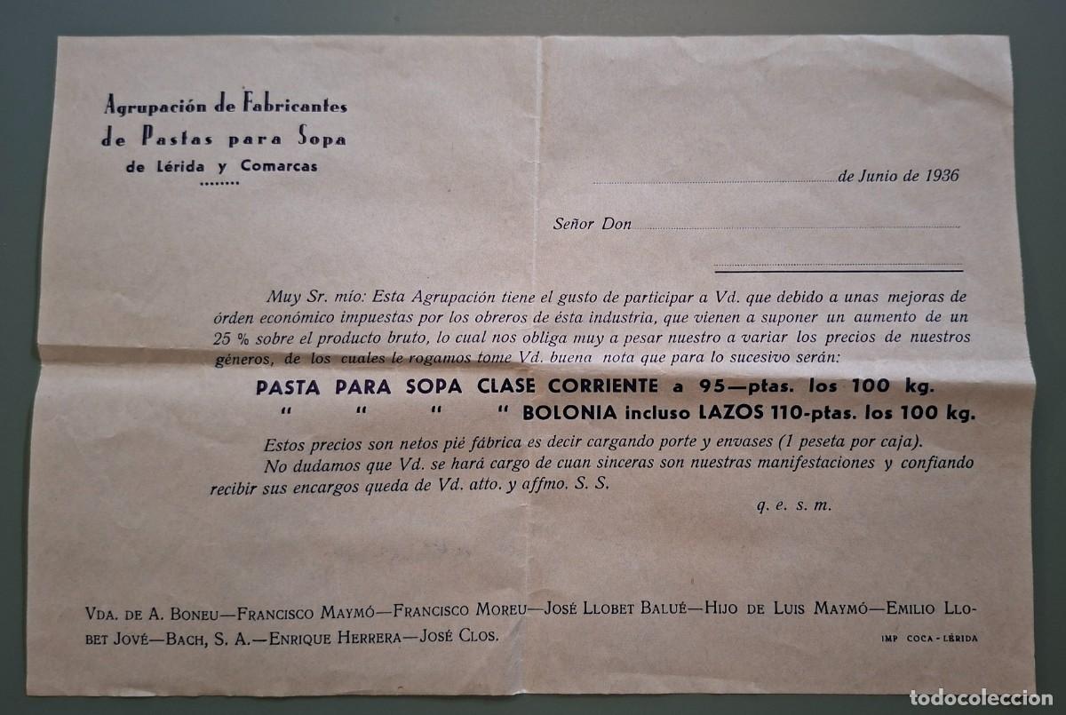 Facturas antiguas: HOJA A&Ntilde;O 1936, AUMENTO PRECIOS, AGRUPACION FABRICANTES DE PASTAS SOPA DE L&Eacute;RIDA Y COMARCAS ..A3578