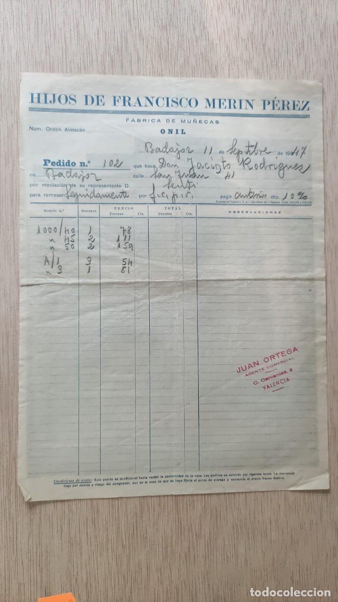 Facturas antiguas: ANTIGUA FACTURA FABRICA DE MU&Ntilde;ECAS HIJOS DE FRANCISCO MERIN PEREZ ONIL VALENCIA 1947
