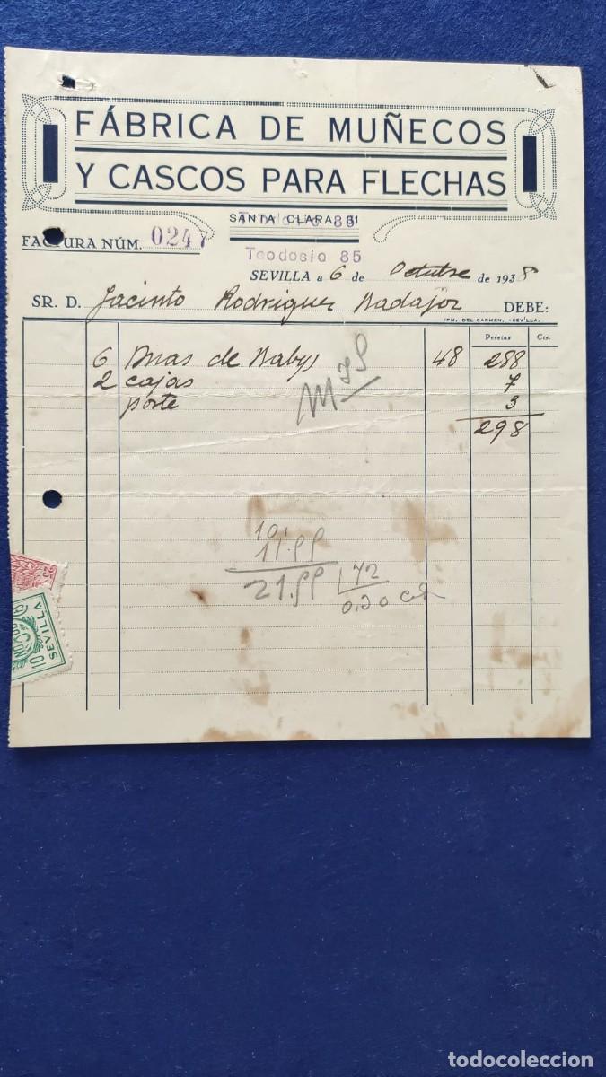 Facturas antiguas: ANTIGUA FACTURA FABRICA DE MU&Ntilde;ECOS Y CASCOS PARA FLECHAS SEVILLA 1938