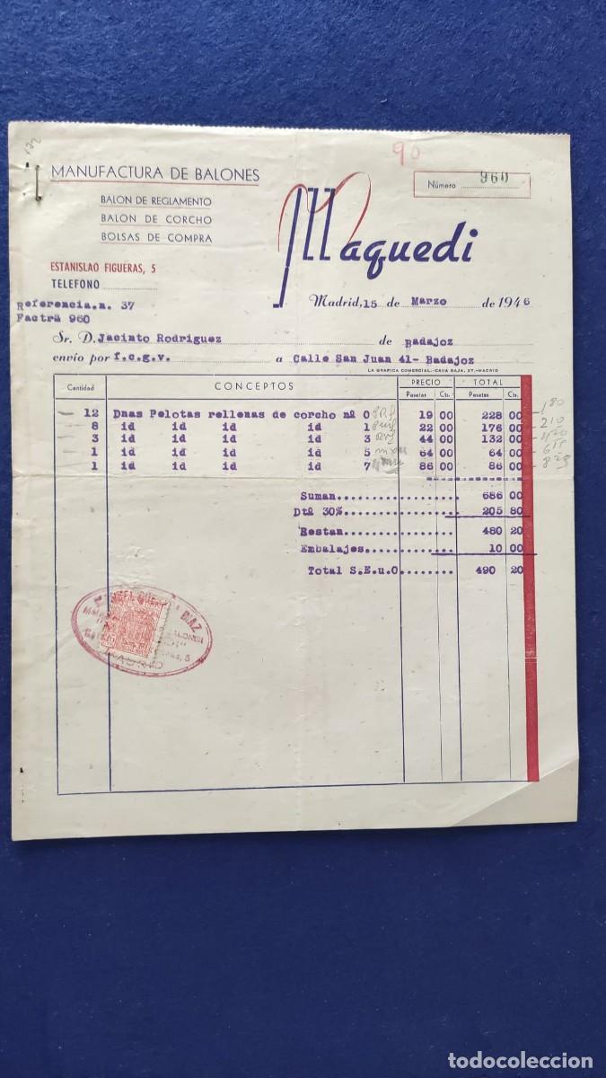 Facturas antiguas: ANTIGUA FACTURA MANUFACTURA DE BALONES MAQUEDI MADRID 1946