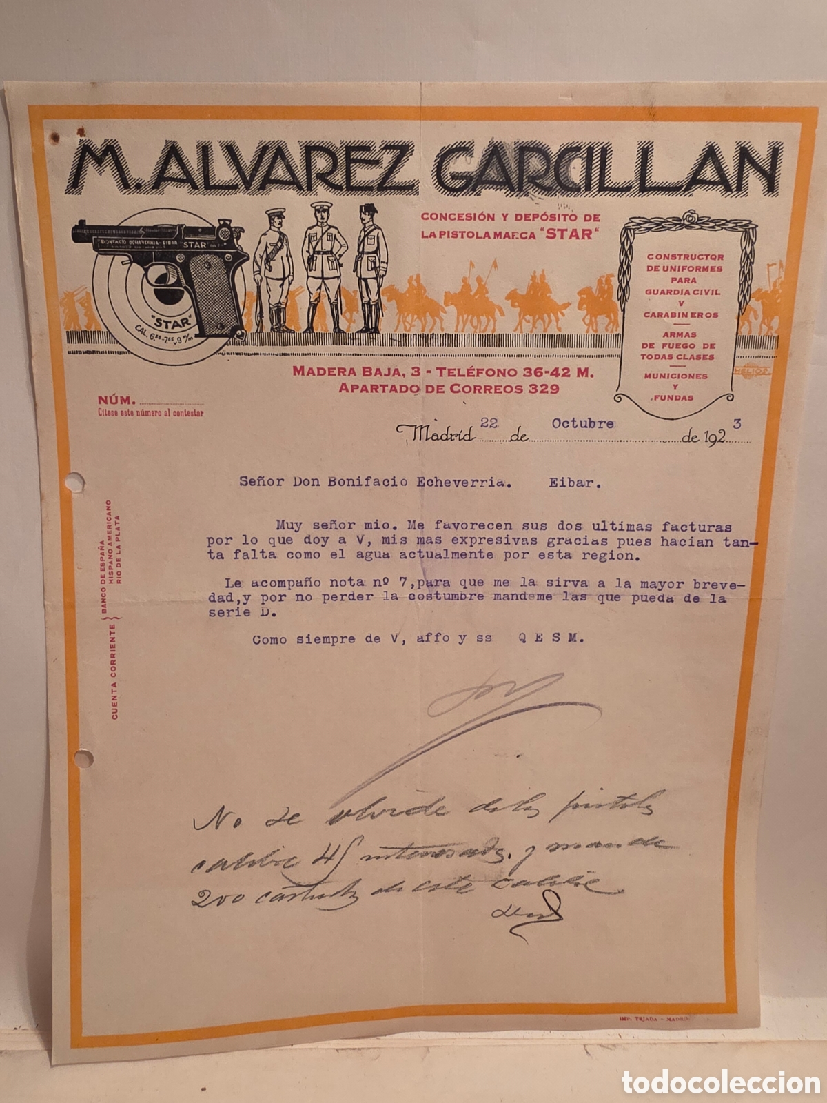 Facturas antiguas: M. ALVAREZ GARCILLAN. PROVEEDOR GUARDIA CIVIL, CARAVINEROS. DEPOSITO ARMAS DE FUEGO. MADRID 192.