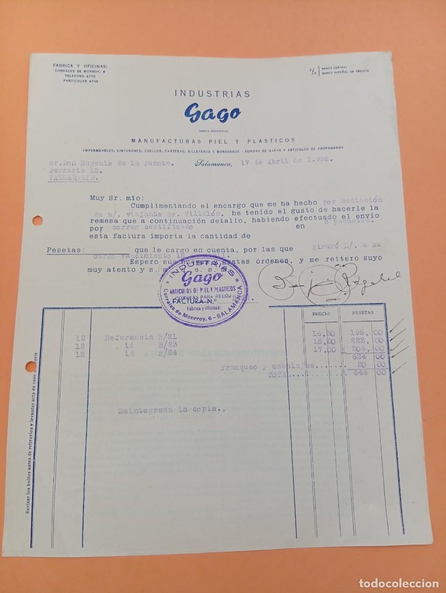 Facturas antiguas: FACTURA. SALAMANCA. 1958. INDUSTRIAS GAGO. MANUFACTURAS PIEL Y PLASTICOS.