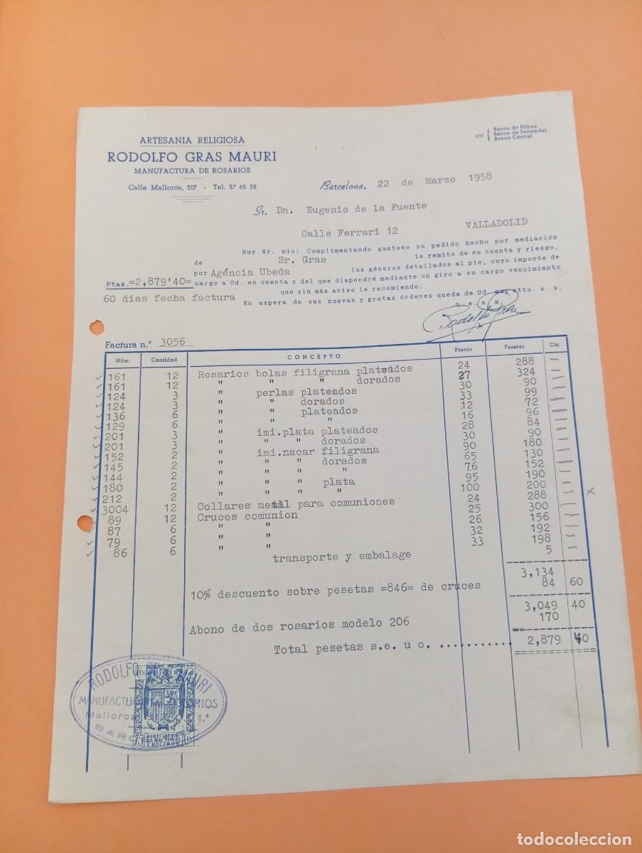 Facturas antiguas: FACTURA. BARCELONA. 1958. ARTESANIA RELIGIOSA. RODOLFO GRAS MAURI. MANUFACTURA DE ROSARIOS.