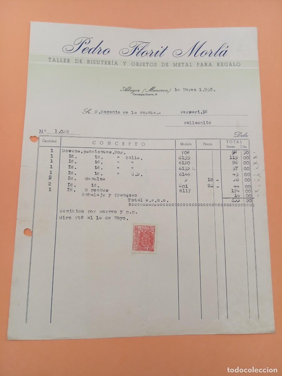 Facturas antiguas: FACTURA. ALAYOR, MENORCA. 1958. TALLER DE BISUTERIA Y OBJETOS DE METAL. PEDRO FLORIT MORLA.