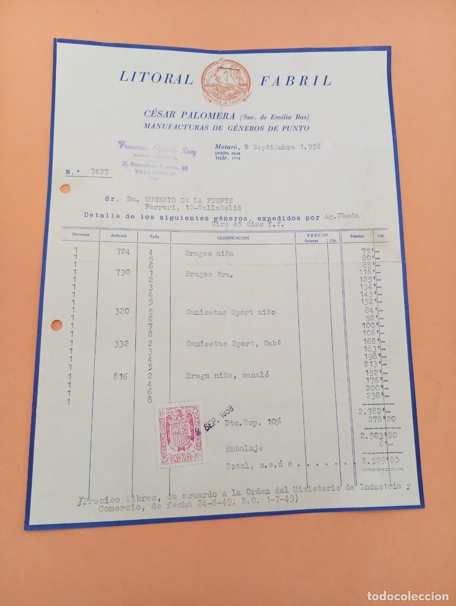Facturas antiguas: FACTURA. MATARO, BARCELONA. 1958. MANUFACTURAS DE GENEROS DE PUNTO. LITORAL FABRIL.