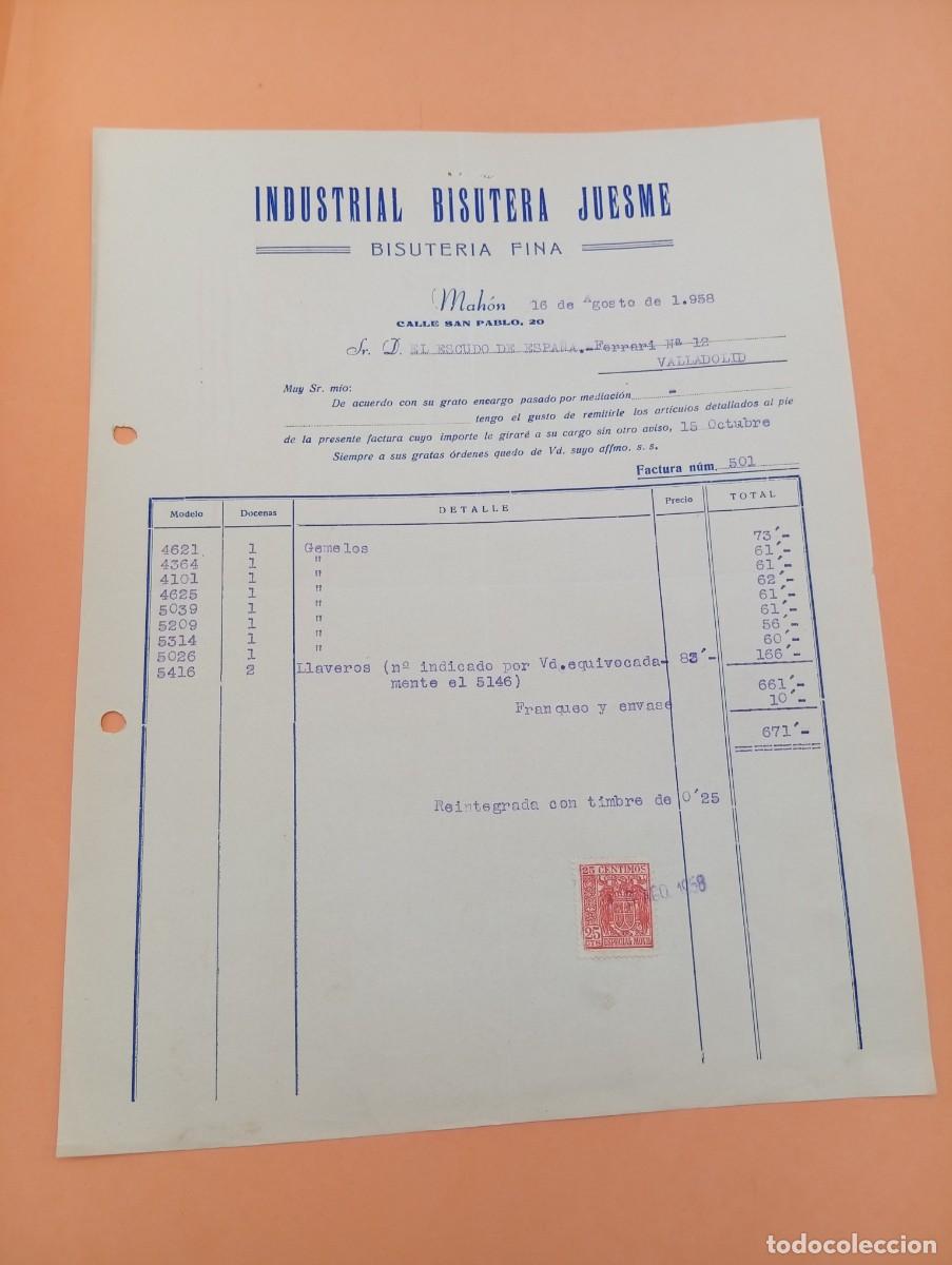 Facturas antiguas: FACTURA. MAHON, MENORCA. 1958. INDUSTRIAL BISUTERIA JUESME. BISUTERIA FINA.