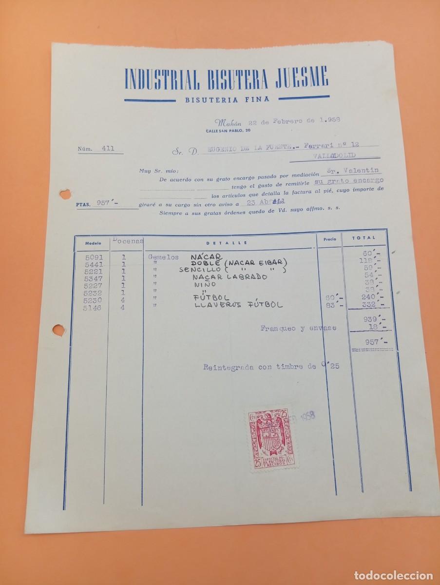 Facturas antiguas: FACTURA. MAHON, MENORCA. 1958. INDUSTRIAL BISUTERIA JUESME. BISUTERIA FINA.