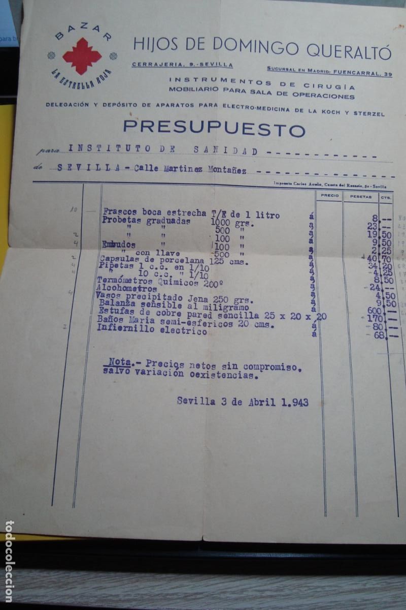 Facturas antiguas: ANTIGUA FACTURA HIJOS DE DOMINGO QUERALT&Oacute;. BAZAR LA ESTRELLA ROJA. INSTRUMENTOS CIRUGIA SEVILLA 1943