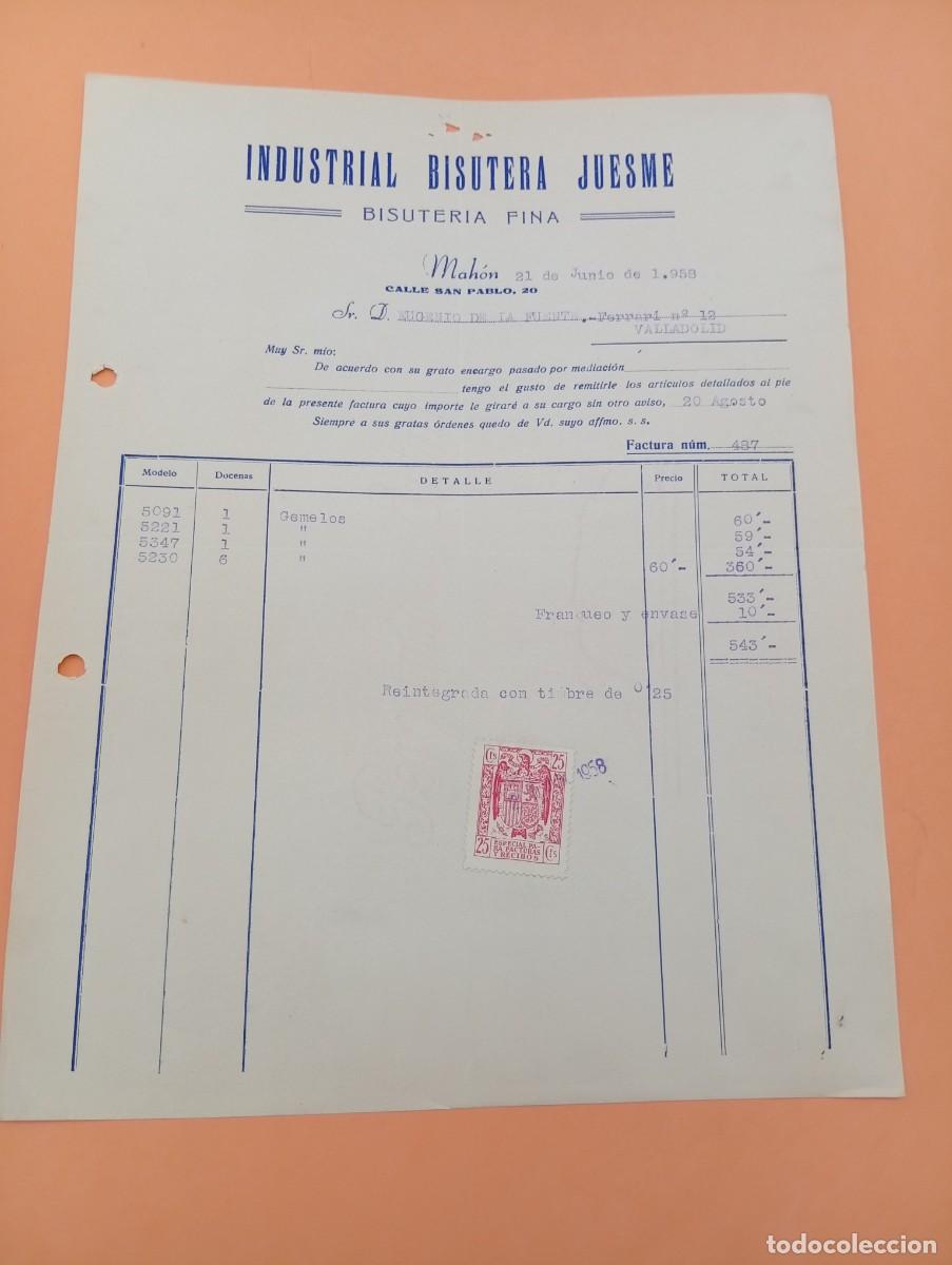 Facturas antiguas: FACTURA. MAHON, MENORCA. 1958. INDUSTRIAL BISUTERIA JUESME. BISUTERIA FINA.