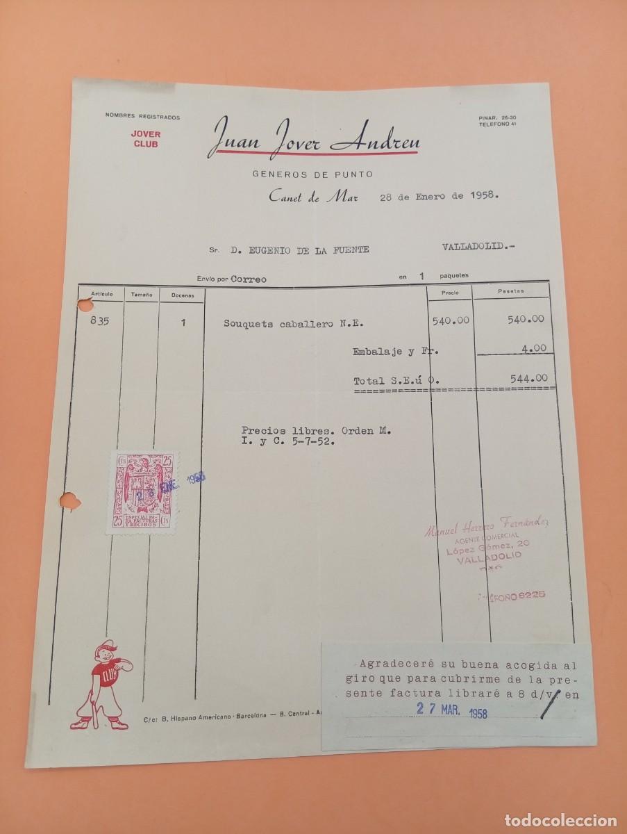 Facturas antiguas: FACTURA. CANET DE MAR, BARCELONA. 1958. GENEROS DE PUNTO. JUAN JOVER ANDREU.