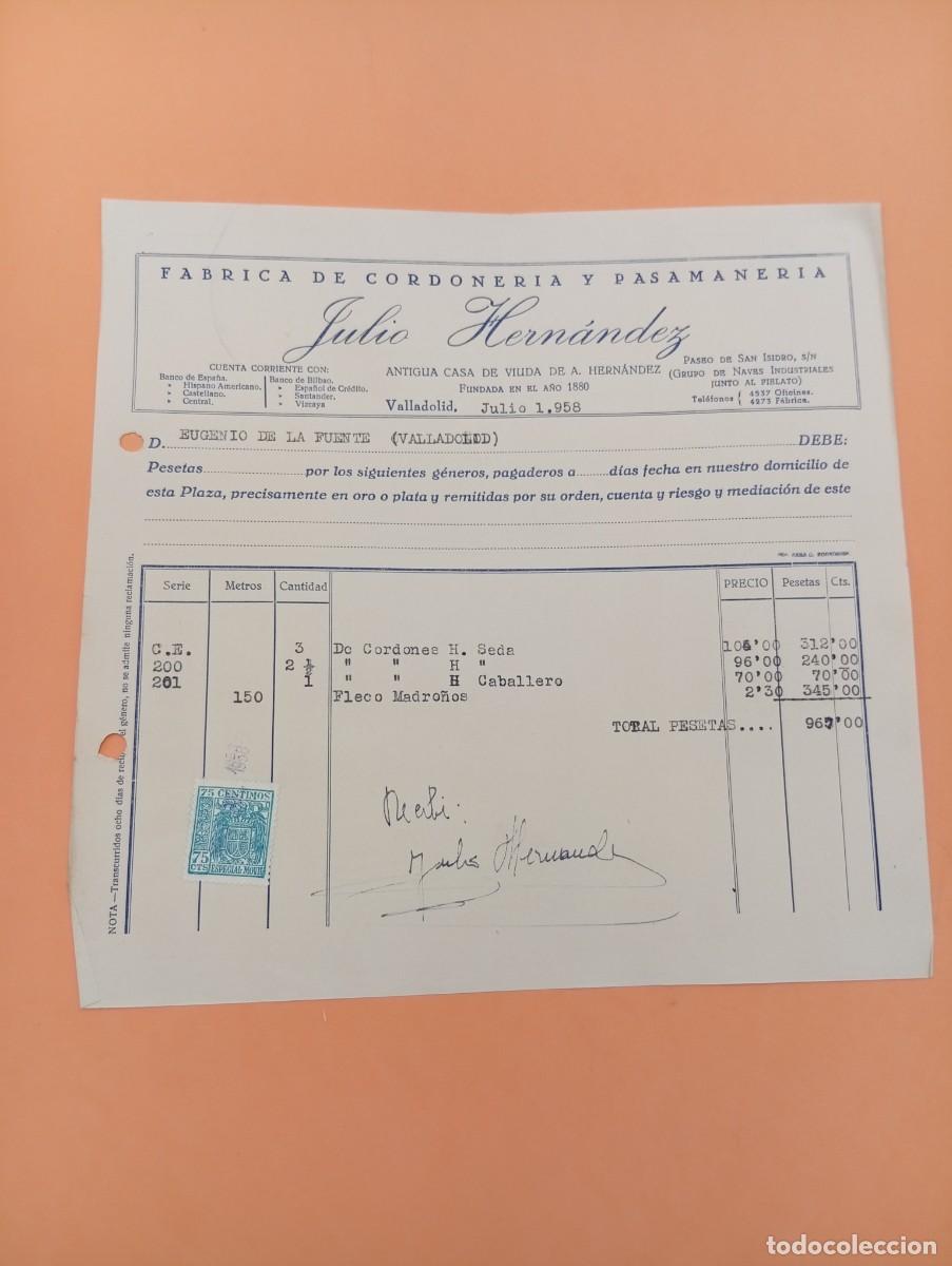 Facturas antiguas: FACTURA. VALLADOLID. 1958. FABRICA DE CORDONERIA Y PASAMANERIA. JULIO HERNANDEZ.