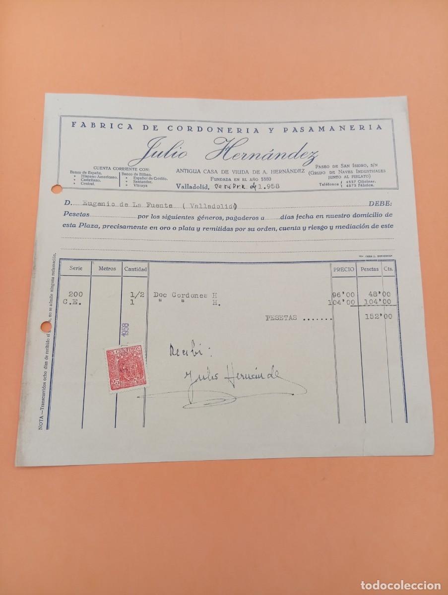 Facturas antiguas: FACTURA. VALLADOLID. 1958. FABRICA DE CORDONERIA Y PASAMANERIA. JULIO HERNANDEZ.