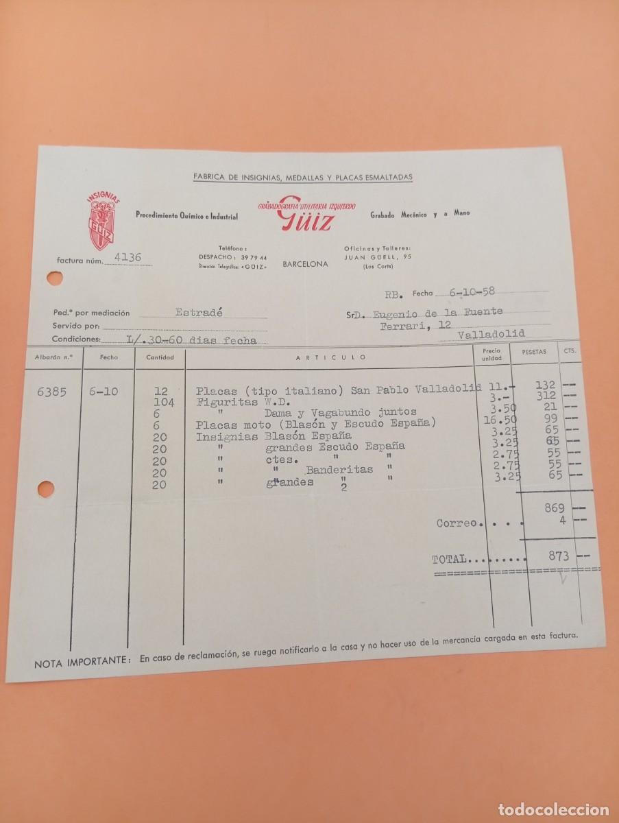 Facturas antiguas: FACTURA. BARCELONA. 1958. FABRICA DE INSIGNIAS, MEDALLAS Y PLACAS. GRABADOGRAFIA UTILITARIA, G&Uuml;IZ.