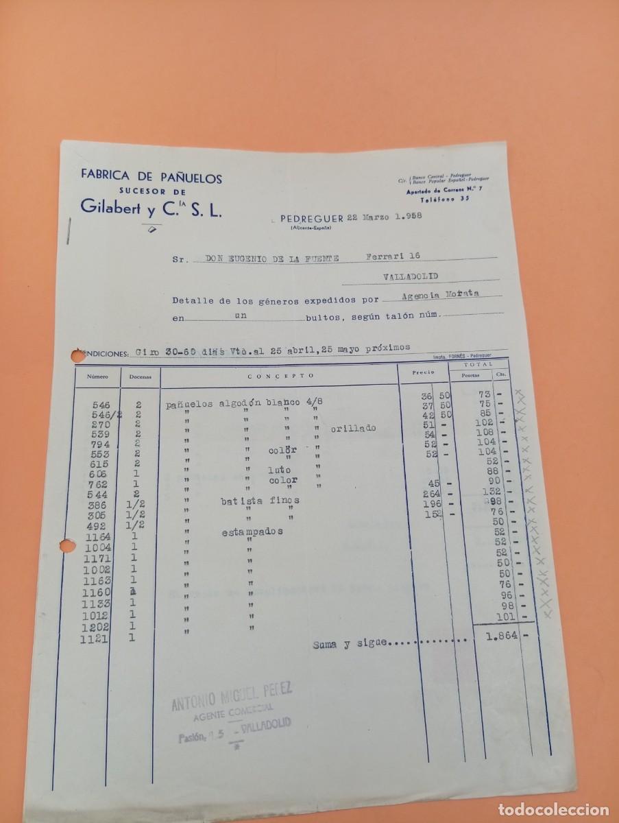 Facturas antiguas: FACTURA. PEDREGUER, ALICANTE. 1952. FABRICA DE PA&Ntilde;UELOS. SUCESOR GILABERT Y CIA. S.L. 2 HOJAS.