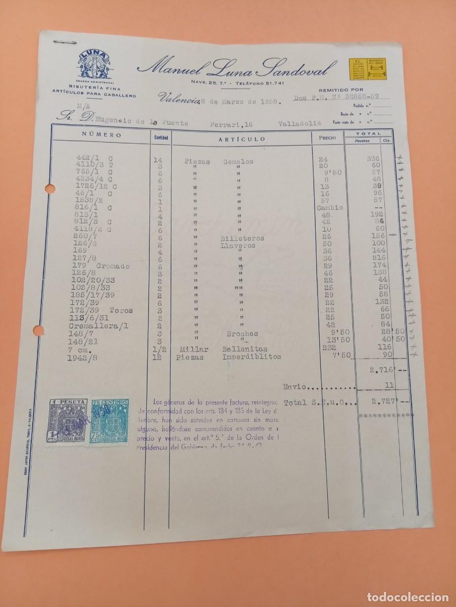 Facturas antiguas: FACTURA. VALENCIA. 1958. BISUTERIA FINA. LUNA. MANUEL LUNA SANDOVAL.