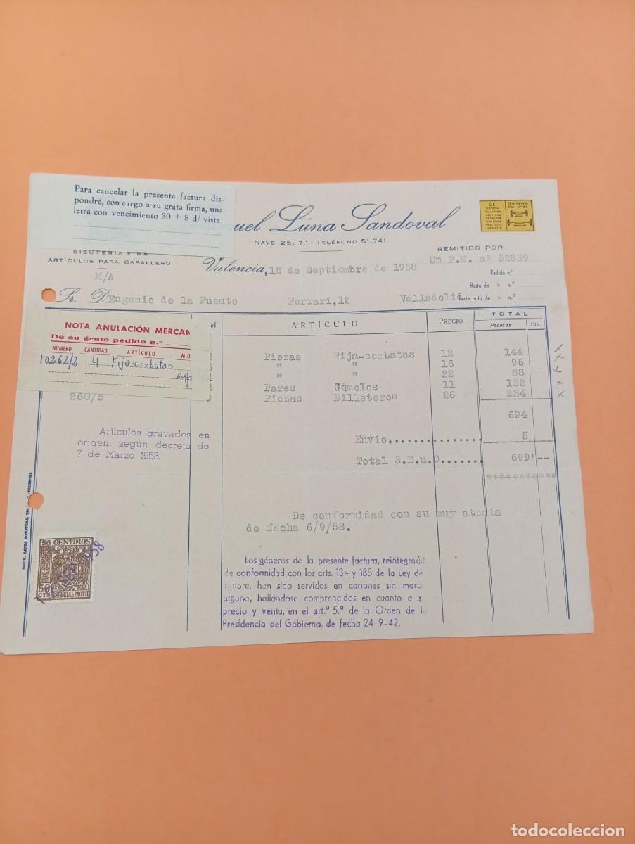 Facturas antiguas: FACTURA. VALENCIA. 1958. BISUTERIA FINA. LUNA. MANUEL LUNA SANDOVAL.