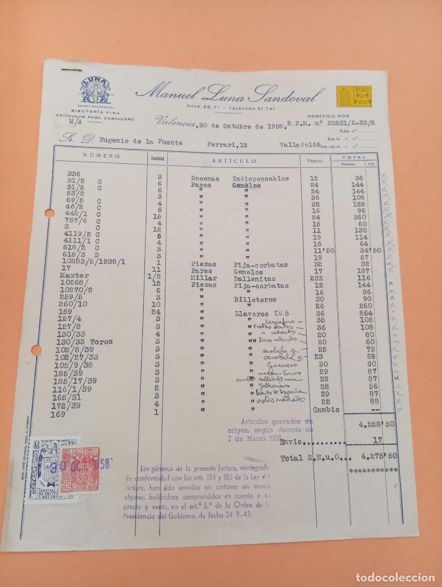 Facturas antiguas: FACTURA. VALENCIA. 1958. BISUTERIA FINA. LUNA. MANUEL LUNA SANDOVAL.