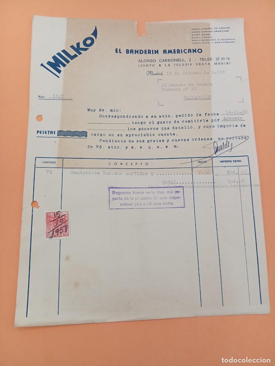 Facturas antiguas: FACTURA. MADRID. 1958. EL BANDERIN AMERICANO. MILKO.