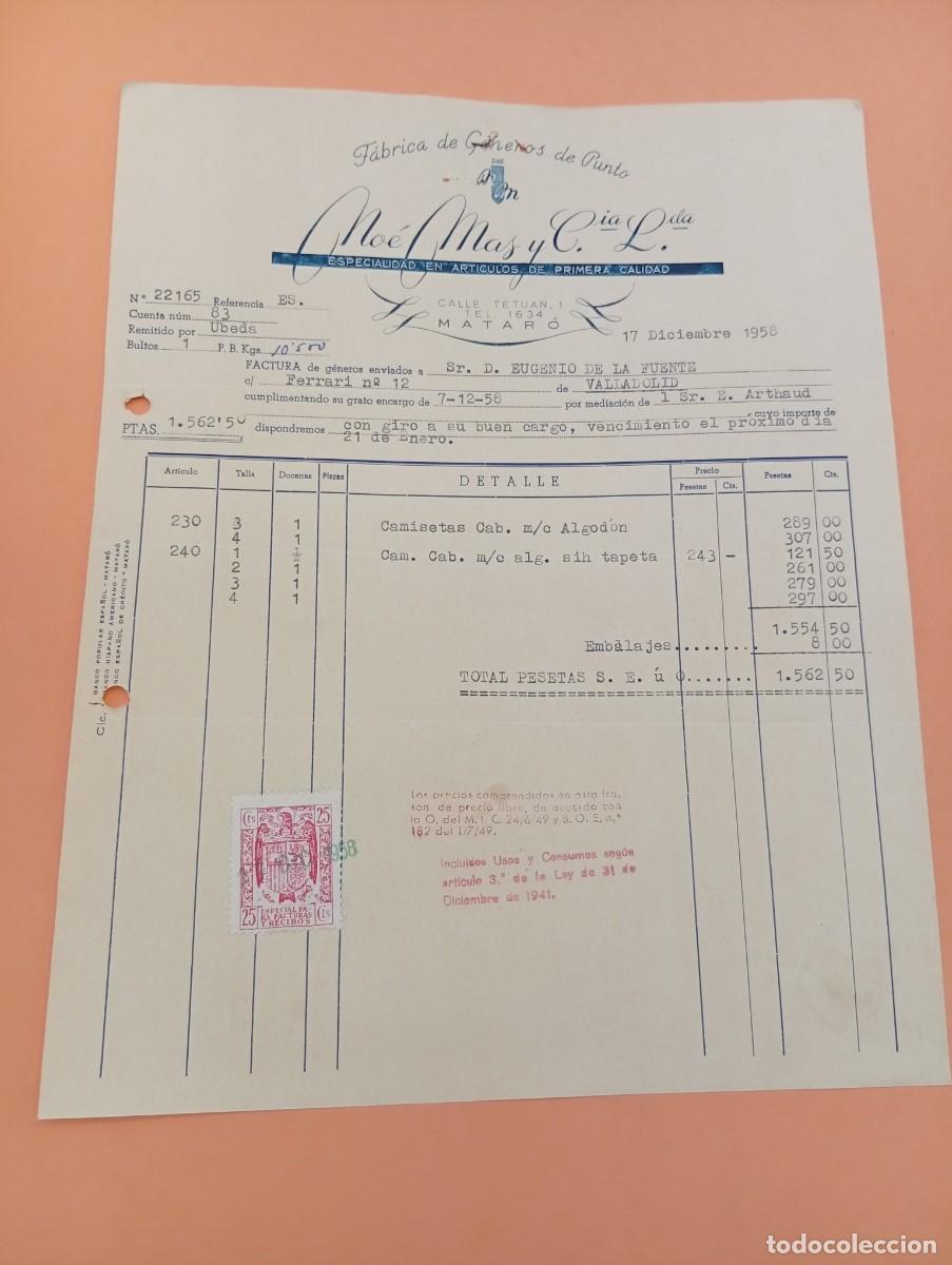 Facturas antiguas: FACTURA. MATARO, BARCELONA. 1958. FABRICA DE GENEROS DE PUNTO. NOE MAS Y CIA.