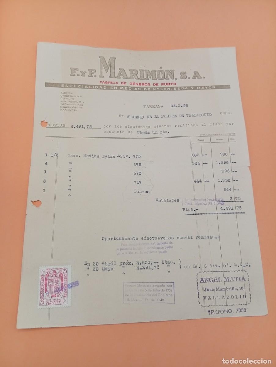 Facturas antiguas: FACTURA. TARRASA, BARCELONA. 1958. FABRICA DE GENEROS DE PUNTO. F. Y F. MARIMON, S.A.
