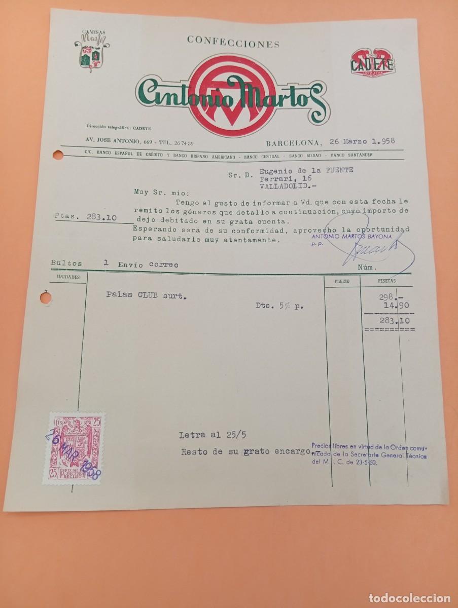 Facturas antiguas: FACTURA. BARCELONA. 1958. COFECCIONES. ANTONIO MARTOS.