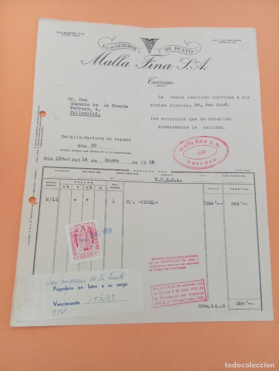 Facturas antiguas: FACTURA. TARRASA, BARCELONA. 1958. FABRICA DE GENEROS DE PUNTO. MALLAFINA S.A.