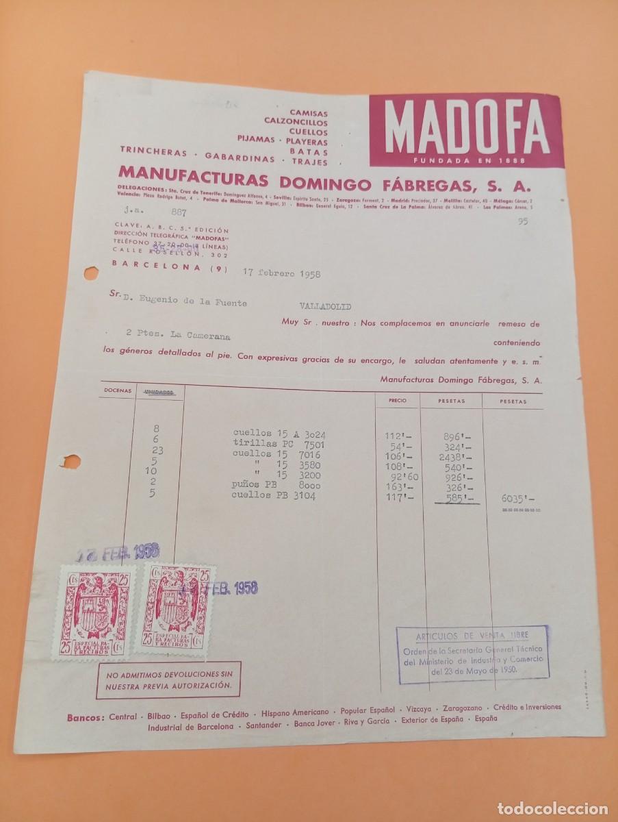 Facturas antiguas: FACTURA. BARCELONA. 1958. MADOFA. MANUFACTURAS DOMINGO FABREGAS. CAMISAS-CALZONCILLOS-CUELLOS.. ETC.