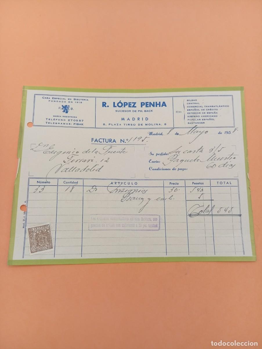 Facturas antiguas: FACTURA. MADRID, 1958. R. LOPEZ PENHA. CASA ESPECIAL EN BISUTERIA.