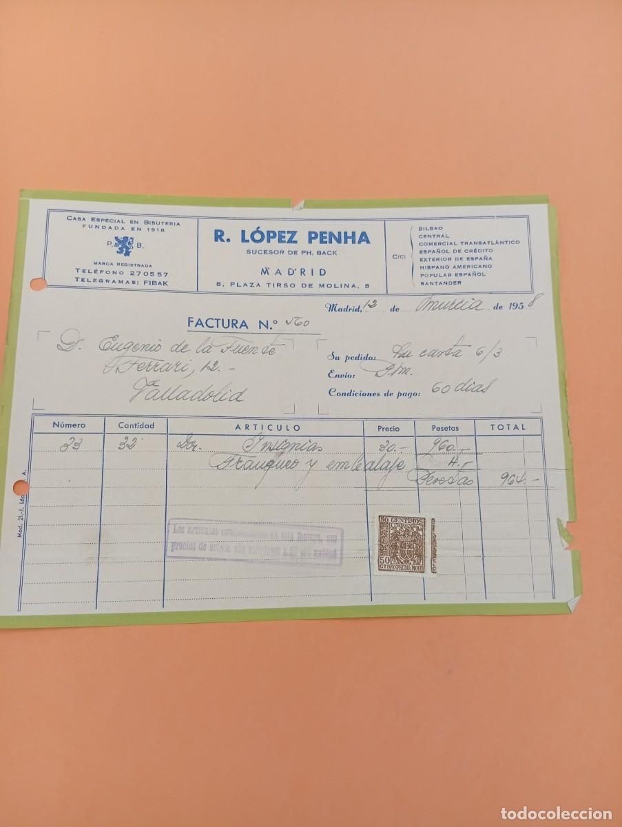 Facturas antiguas: FACTURA. MADRID, 1958. R. LOPEZ PENHA. CASA ESPECIAL EN BISUTERIA.