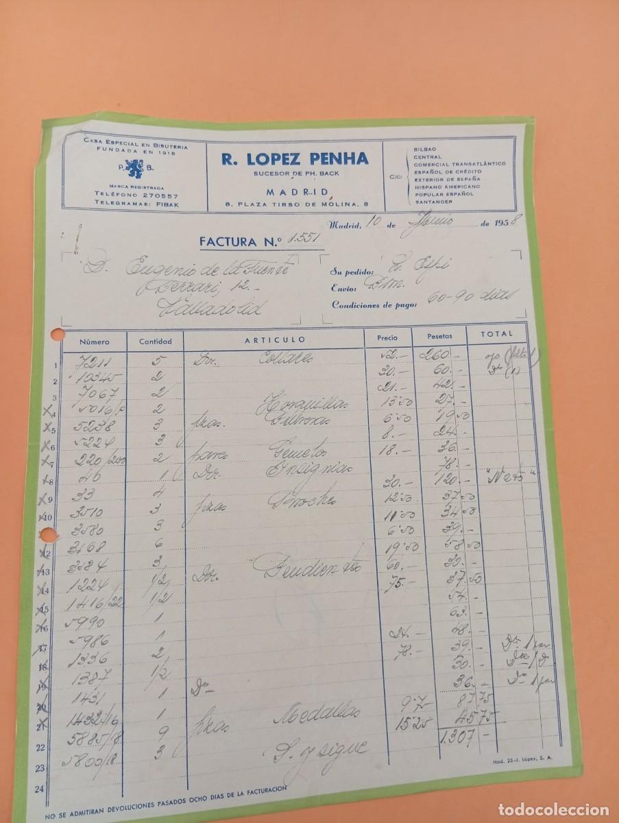 Facturas antiguas: FACTURA. MADRID, 1958. R. LOPEZ PENHA. CASA ESPECIAL EN BISUTERIA.