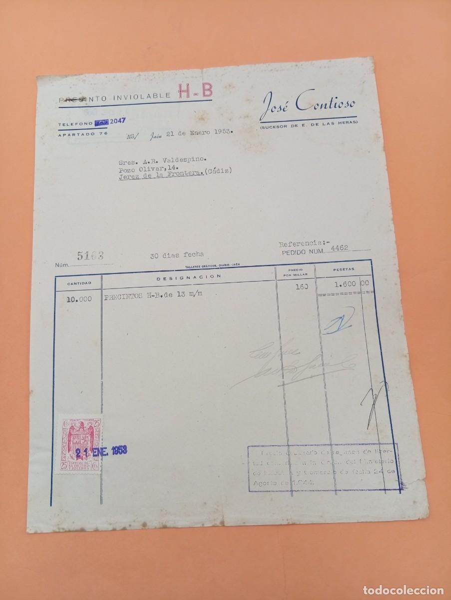 Facturas antiguas: FACTURA. JAEN. 1953. PRECINTO INVIOLABLE H-B. JOSE CONTIOSO.
