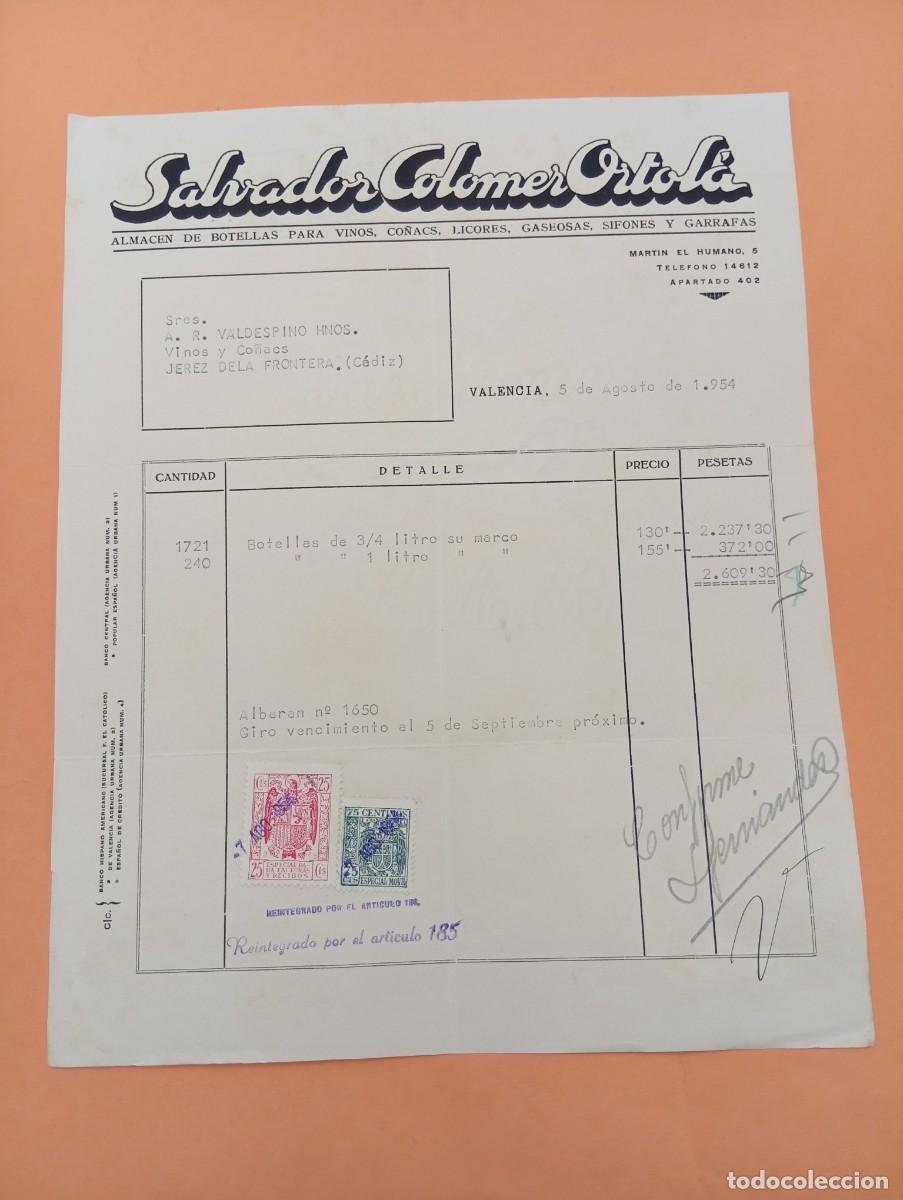 Facturas antiguas: FACTURA. VALENCIA. 1954. ALMACEN DE BOTELLAS PARA VINOS-CO&Ntilde;ACS-LICORES. SALVADOR COLOMER ORTOL&Aacute;.