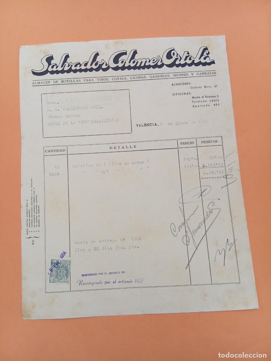 Facturas antiguas: FACTURA. VALENCIA. 1954. ALMACEN DE BOTELLAS PARA VINOS-CO&Ntilde;ACS-LICORES. SALVADOR COLOMER ORTOL&Aacute;.