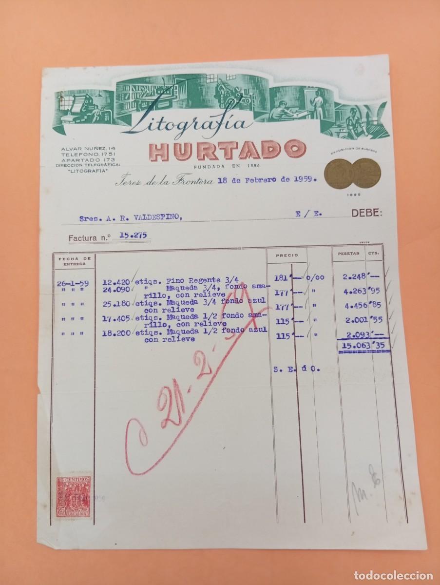 Facturas antiguas: FACTURA. JEREZ DE LA FRONTERA. 1959. LITOGRAFIA HURTADO.