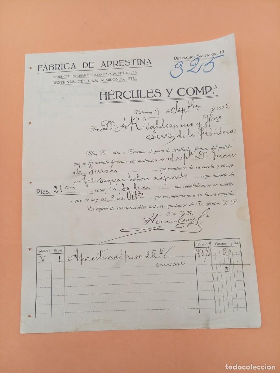 Facturas antiguas: FACTURA. VALENCIA. 1922. FABRICA DE APRESTINA. HERCULES Y C&ordf;.