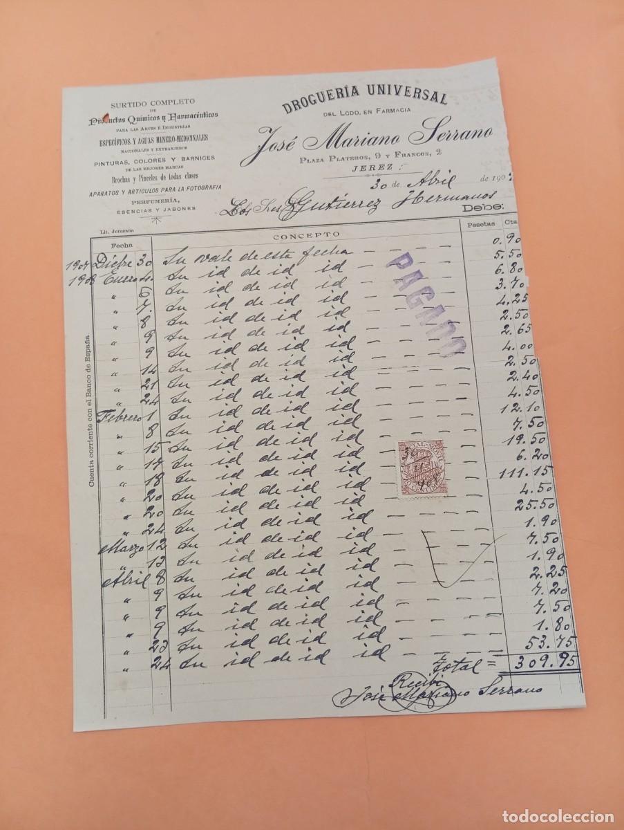 Facturas antiguas: FACTURA. JEREZ. 1902. DROGUERIA UNIVERSAL. JOSE MARIANO SERRANO.